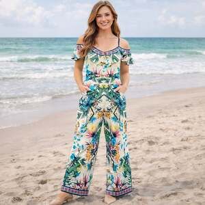 Flying Tomato Tropical Print Cold Shoulder Wide Leg Jumpsuit Size Small
